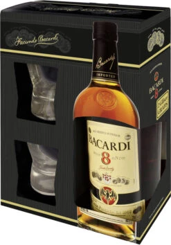 Bacardi Rum 8 Anos 0,7 Liter In Geschenkverpackung Mit 2 Gläsern