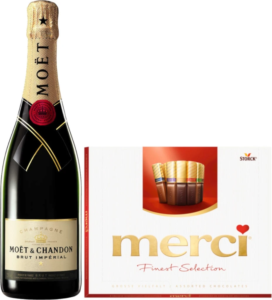 Moet & Chandon Champagner Brut Imperial 0,75 L Mit Merci Schokolade 250g 3 Moet & Chandon Champagner Brut Imperial 0,75 L Mit Merci Schokolade 250g
